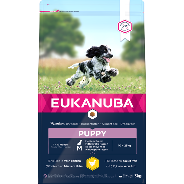 Eukanuba Medium Puppy sausas maistas vidutinių veislių šuniukams su vištiena, 3 kg