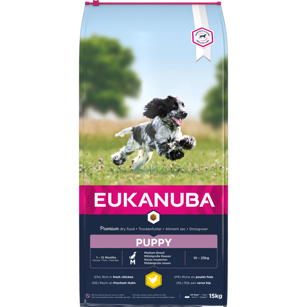 Eukanuba Medium Puppy sausas maistas vidutinių veislių šuniukams su vištiena, 15 kg 