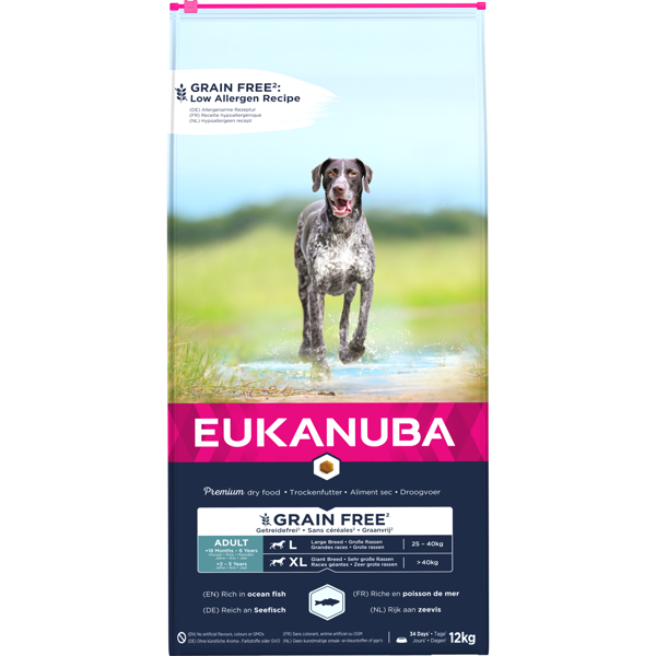 Eukanuba Grain Free Adult L/XL begrūdis maistas didelių veislių šunims su žuvimi, 12 kg 