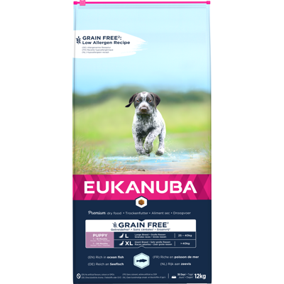 Eukanuba Grain Free Puppy L/XL begrūdis maistas didelių veislių šuniukams su žuvimi, 12 kg 