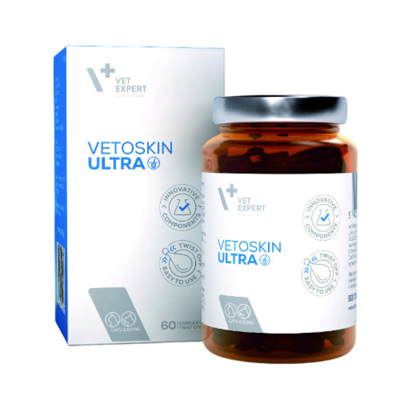 VETEXPERT VetoSkin Ultra pašaro papildas šunims ir katėms, odai ir kailiui N60 