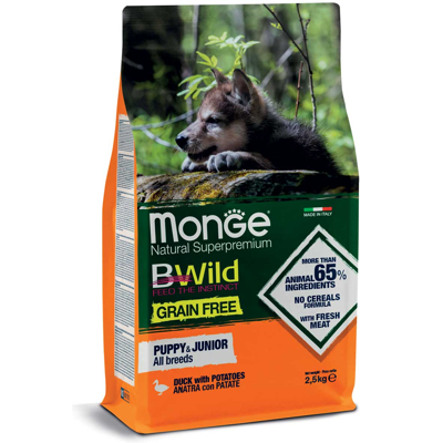 MONGE Puppy&Junior sausas maistas šuniukams be grūdų su antiena, 2,5 kg