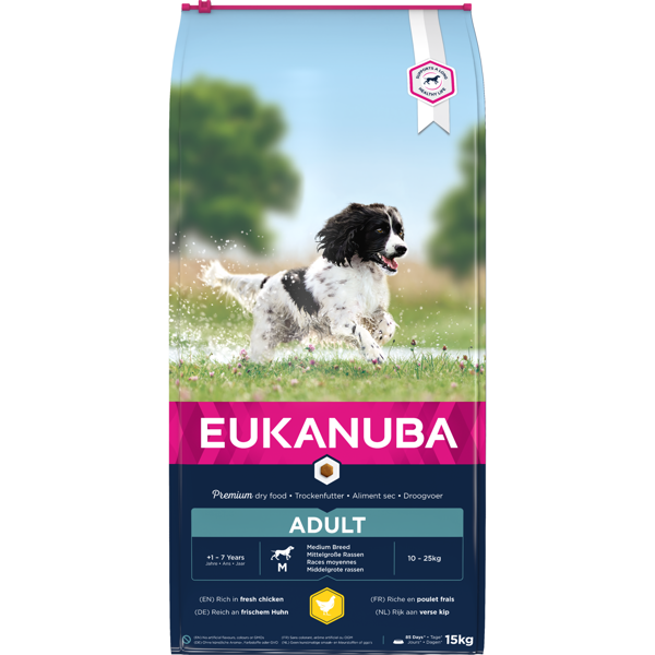 Eukanuba Medium Adult sausas maistas vidutinių veislių šunims su vištiena, 15 kg