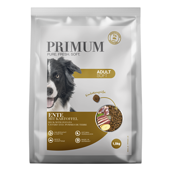 PRIMUM sausas maistas suaugusiems šunims su  minkšta antiena ir bulvėmis, 1,5 kg