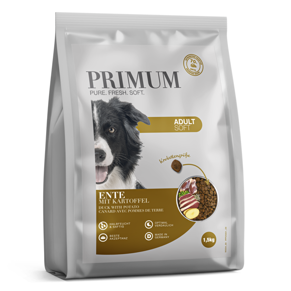 PRIMUM sausas maistas suaugusiems šunims su  minkšta antiena ir bulvėmis, 1,5 kg