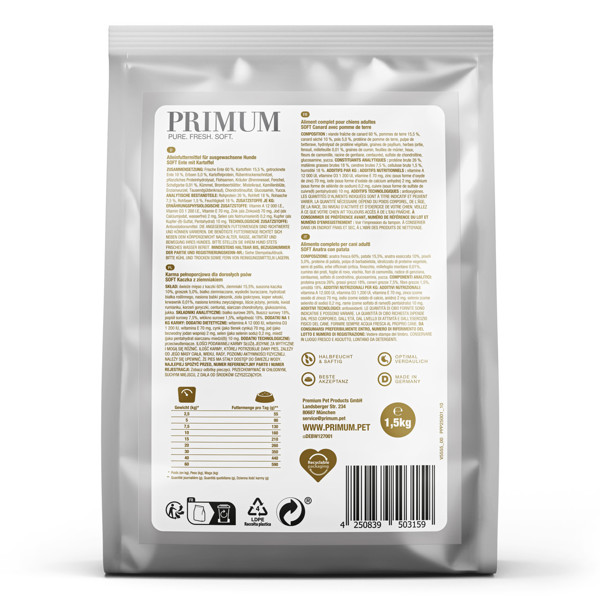 PRIMUM sausas maistas suaugusiems šunims su  minkšta antiena ir bulvėmis, 1,5 kg