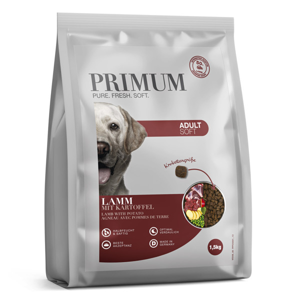 PRIMUM sausas maistas suaugusiems šunims su ėriena ir bulvėmis, 1,5 kg