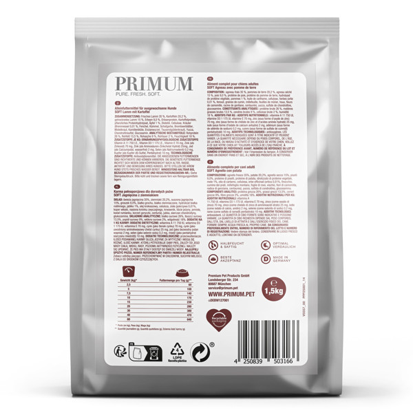 PRIMUM sausas maistas suaugusiems šunims su ėriena ir bulvėmis, 1,5 kg