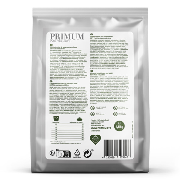 PRIMUM sausas maistas suaugusiems šunims su minkšta vištiena ir bulvėmis 1,5 kg