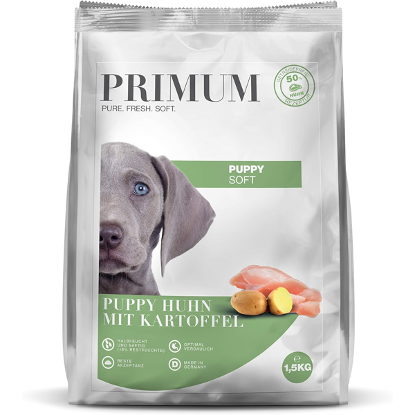 PRIMUM Soft Puppy chicken with potato sausas maistas jauniems šunims su višiena ir bulvėmis, 1,5 kg