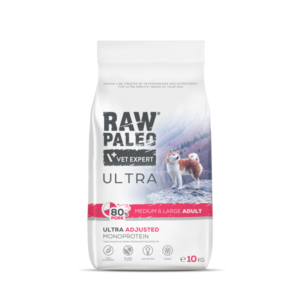 RAW PALEO Ultra sausas maistas vidutinių ir didelių veislių suaugusiems šunims su kiauliena 10 kg