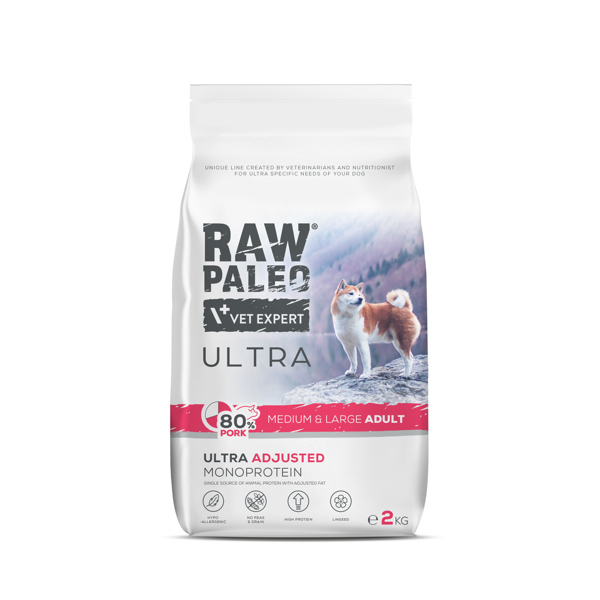 RAW PALEO Ultra sausas maistas vidutinių ir didelių veislių suaugusiems šunims su kiauliena 2 kg