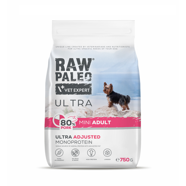 RAW PALEO Ultra sausas maistas mažų veislių suaugusiems šunims su kiauliena 750 g