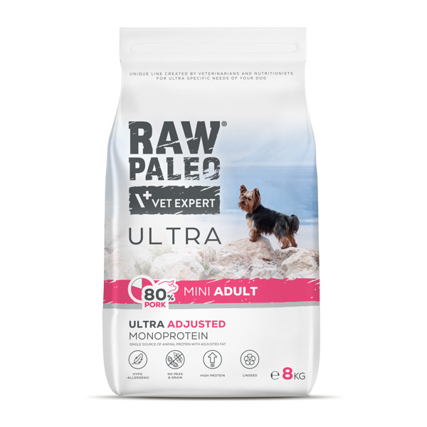RAW PALEO Ultra sausas maistas mažų veislių suaugusiems šunims su kiauliena 8 kg