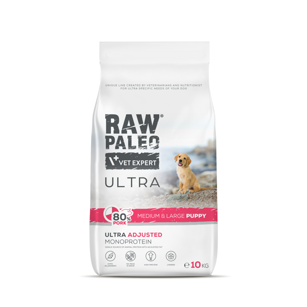 RAW PALEO Ultra sausas maistas vidutinių ir didelių veislių augantiems šuniukams su kiauliena 10 kg