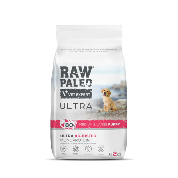 RAW PALEO Ultra sausas maistas vidutinių ir didelių veislių augantiems šuniukams su kiauliena 2 kg