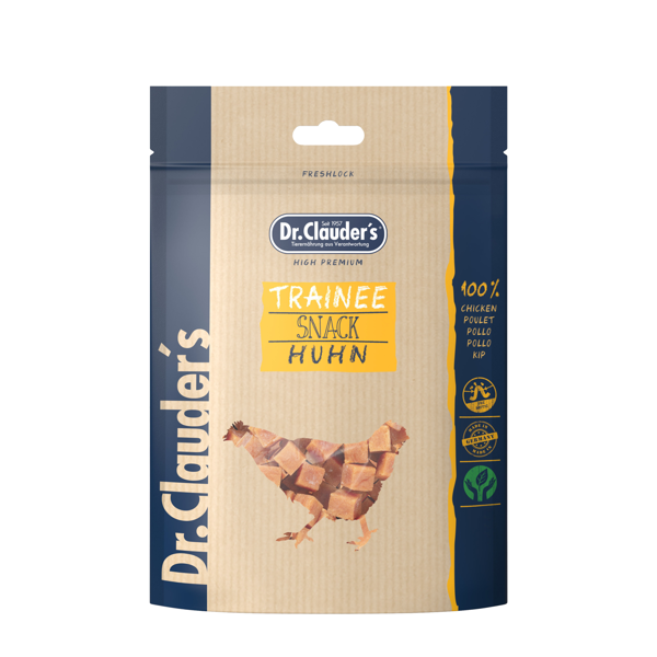 DR. CLAUDER'S Trainee Snack vytintos vištienos skanėstai kubeliais šunims ir katėmss, 80 g