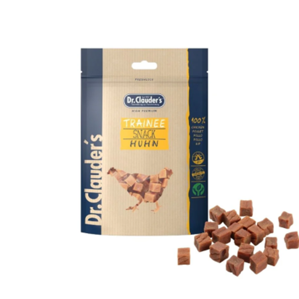 DR. CLAUDER'S Trainee Snack vytintos vištienos skanėstai kubeliais šunims ir katėmss, 80 g