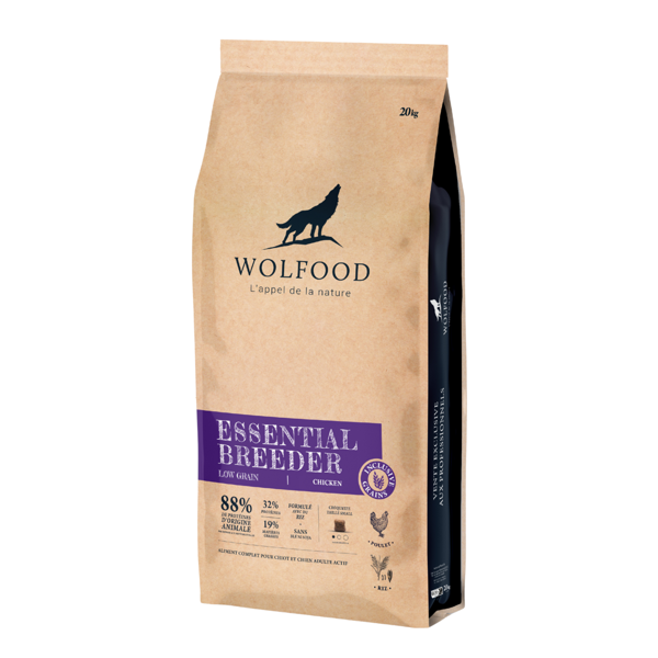 WOLFOOD Essential Breeder Low Grain sausas maistas šunims su vištiena ir ryžiais, 20kg  
