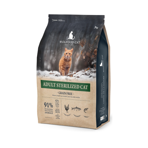 WOLFOOD Adult Sterilized Cat Grain Freen begrūdės granulės sterilizuotoms katėms, 3kg 