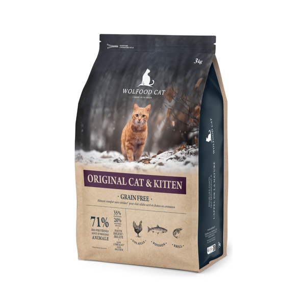 WOLFOOD Original Cat & Kitten begrūdis sausas maistas katėms su paukštiena ir žuvimi, 3 kg
