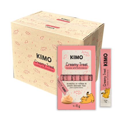 KIMO Cat Creamy Chicken Katsuobushi skanėstas katėms su vištiena, bonito tuno drožlėmis 60g x 20vnt