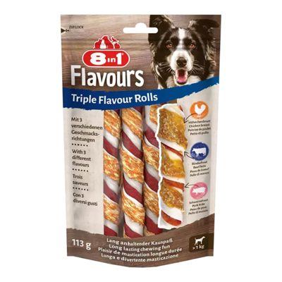 8in1 Flavours trigubo skonio apsuktos lazdelės šunims, 113 g