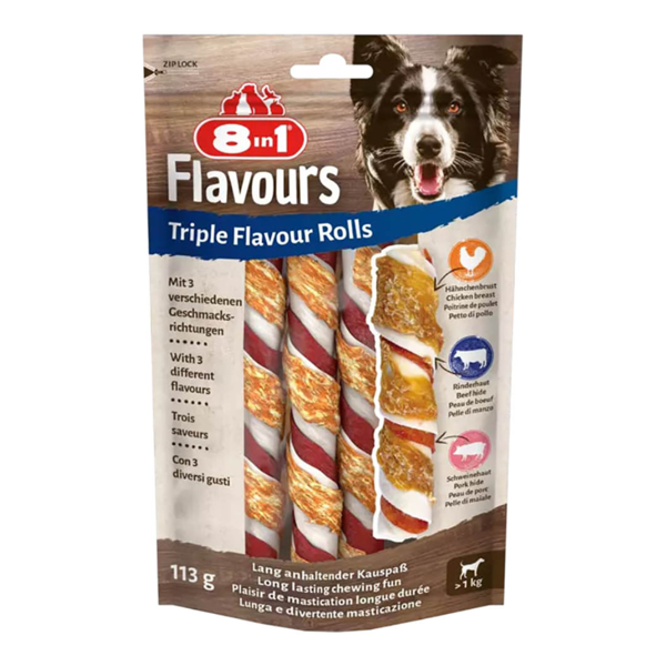 8in1 Flavours trigubo skonio apsuktos lazdelės šunims, 113 g