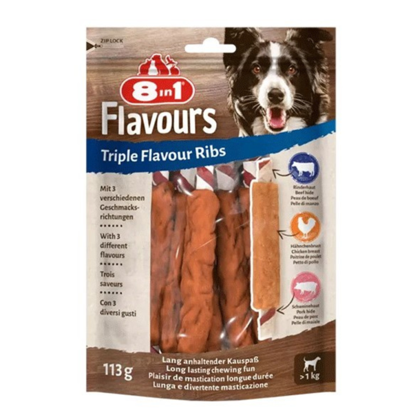 8in1 Flavours trigubo skonio šonkauliukai šunims, 113 g