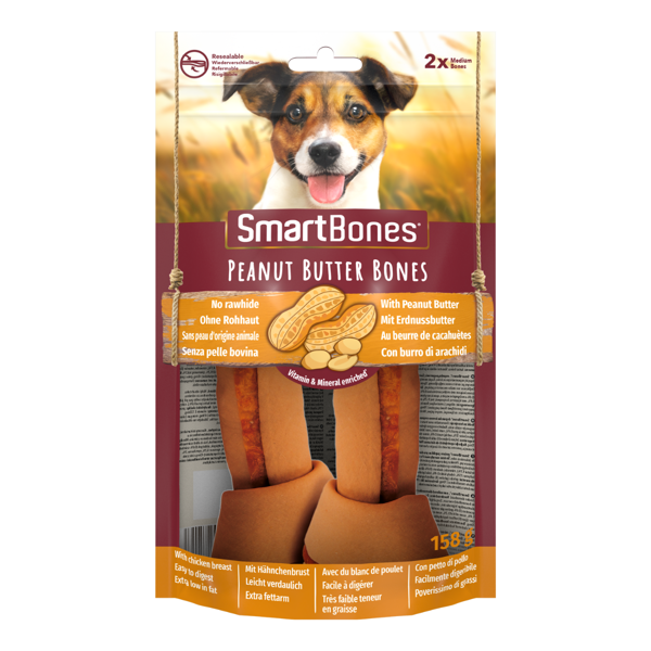SmartBones Peanut Butter Bones skanėstai su riešutų sviestu vidutinio dydžio veislių šunims, 2 vnt.