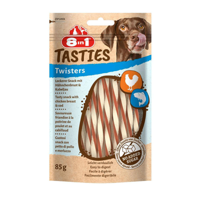 8in1 Tasties Twisters skanėstai šunims su vištiena ir menke, 85 g