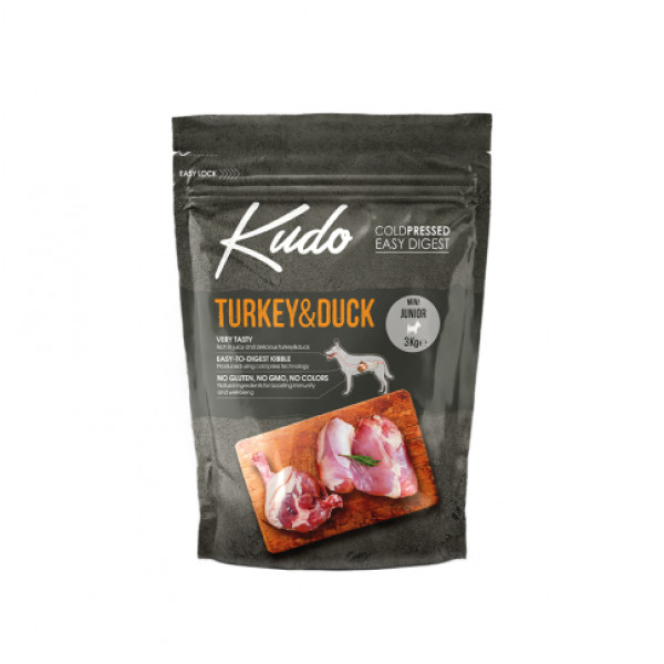 Kudo Turkey&Duck Mini Junior sausas maistas mažų veislių jauniems šuniukams, 3 kg