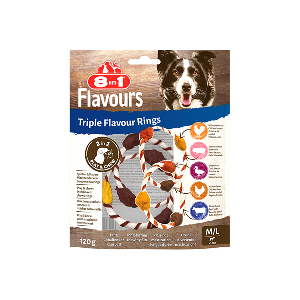 8in1 Flavours trigubo skonio žiedai skanėstai šunims, M/L, 120 g