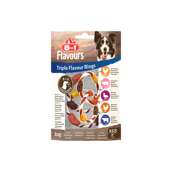 8in1 Flavours trigubo skonio žiedai skanėstai šunims, XS/S, 80 g