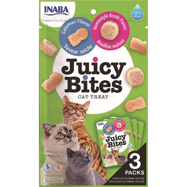 JUICY BITES guminukai su naminiu sultiniu ir kalmarais skanėstai katėms, 3 vnt.