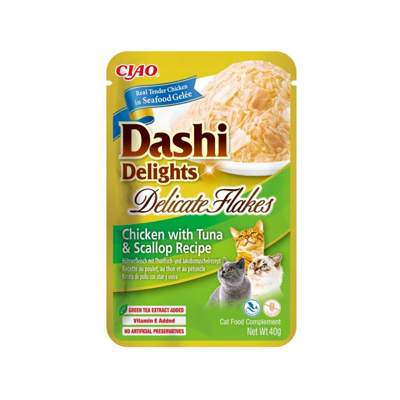 CIAO Dashi Delight vištienos dribsniai su tunu ir šukutėmis katėms, 40 g