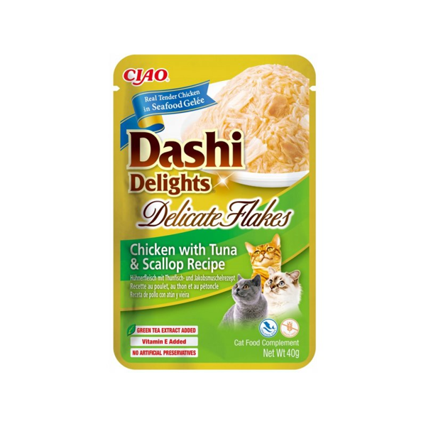 CIAO Dashi Delight vištienos dribsniai su tunu ir šukutėmis katėms, 40 g