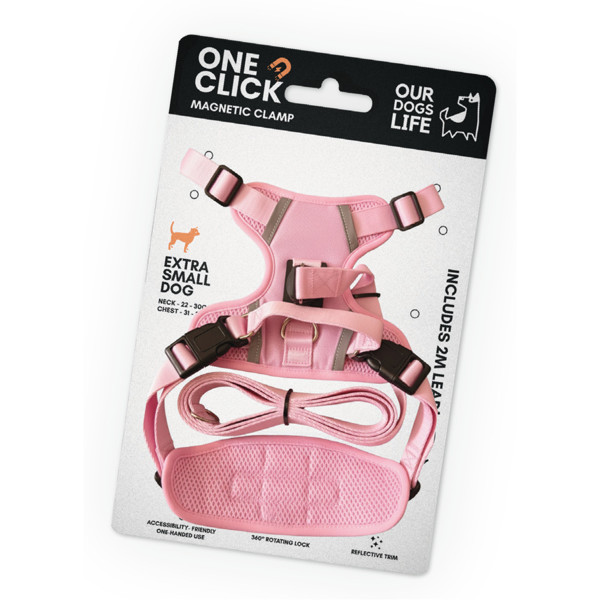 OURDOGSLIFE magnetinės šunų petnešos + 2 m pavadėlis (komplektas), S, rožinė