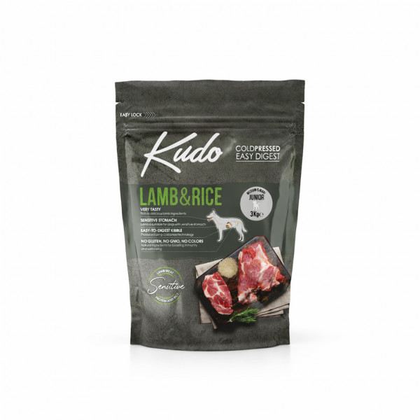 KUDO Lamb&Rice Medium Maxi Junior sausas pašaras jauniems šunims, 3 kg