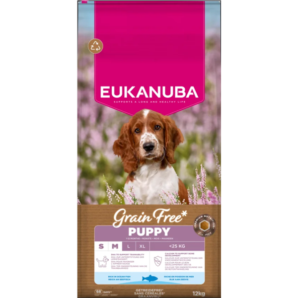 EUKANUBA GF sausas pašaras mažų ir vidutinių veislių šuniukams su žuvimi, S/M, 12 kg
