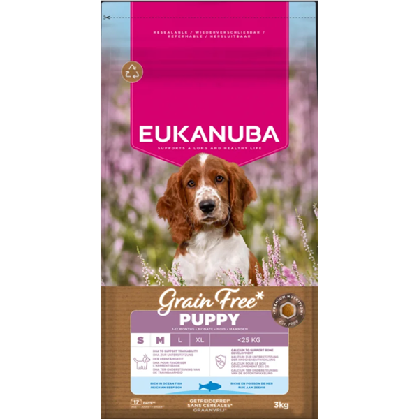 EUKANUBA GF sausas pašaras mažų ir vidutinių veislių šuniukams su žuvimi, S/M, 3 kg
