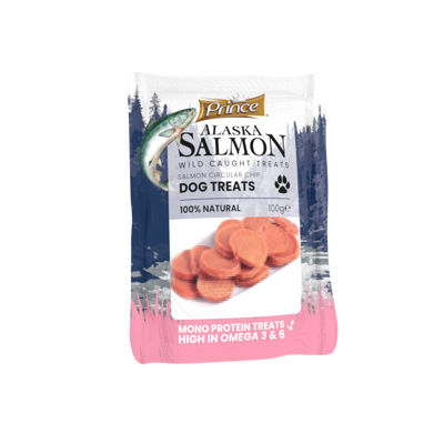 PRINCE skanukai šunims Aliaskos lašišos apvalūs traškučiai, 100g
