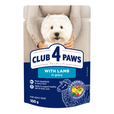 CLUB 4 PAWS Premium konservuotas pašaras m. veislių suaugusiems šunims su ėriena padaže, 100 kg