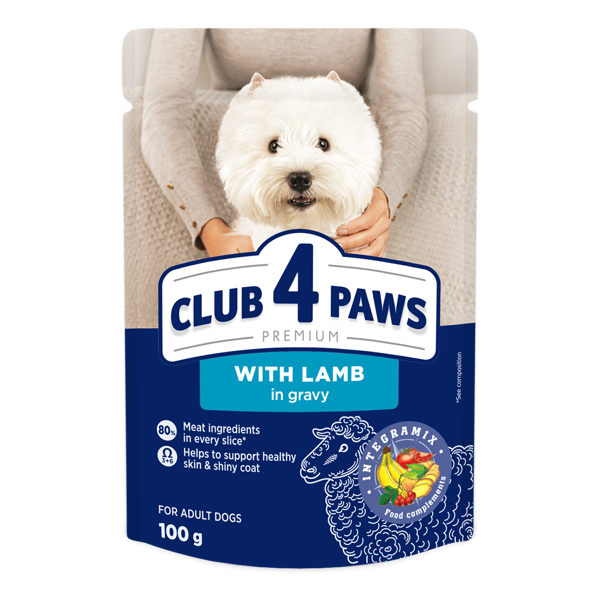 CLUB 4 PAWS Premium konservuotas pašaras m. veislių suaugusiems šunims su ėriena padaže, 100 kg
