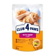 CLUB 4 PAWS Premium konservuotas pašaras su jautiena drebučiuose suaugusioms katėms, 85g