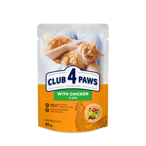 CLUB 4 PAWS Premium konservuotas pašaras su vištiena drebučiuose suaugusioms katėms, 85g