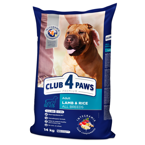 CLUB 4 PAWS Premium Lamb&Rice visavertis pašaras suaugusiems visų veislių šunims, 14 kg
