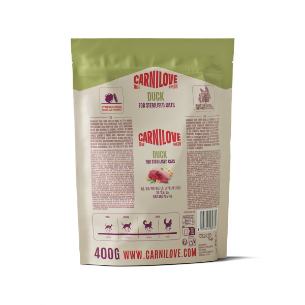 CARNILOVE True Fresh Duck Adult Cat Sterilised sausas pašaras katėms su antiena, 400 g