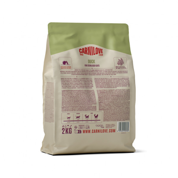 CARNILOVE True Fresh Duck Adult Cat Sterilised sausas pašaras katėms su antiena, 2 kg