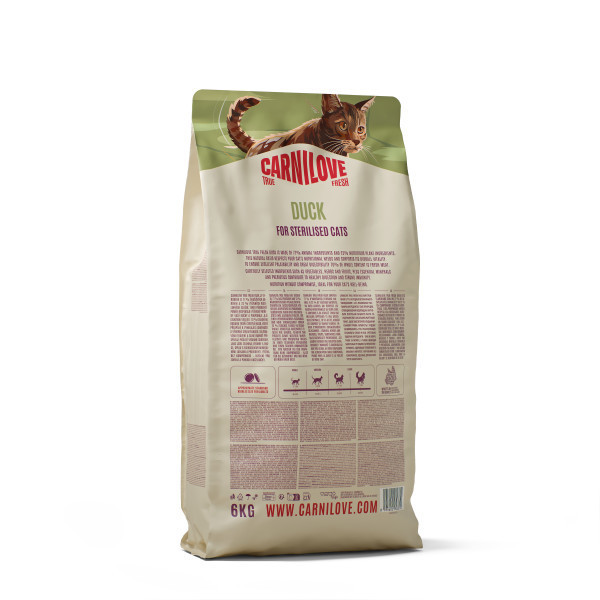 CARNILOVE True Fresh Duck Adult Cat Sterilised sausas pašaras katėms su antiena, 6 kg